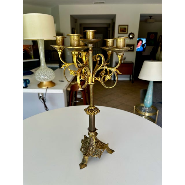 Single Antique Gothic Revival Brass 6 Light Candelabra For Sale In Palm Springs - Image 6 of 18