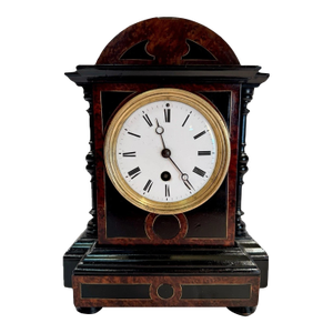 19th Century French Mantel Clock With Ebonized Wood and Burled Inlay