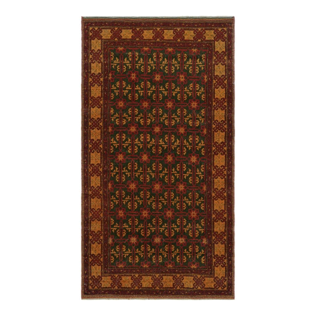Vintage Mid-Century Geometric Floral Red and Green Wool Rug – Orange-Brown Accents For Sale