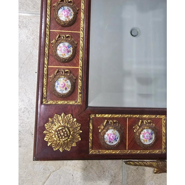 20th Century Mariner Louis XV Marquetry Ormolu & Porcelain Inset Mirrors, a Pair For Sale - Image 4 of 12