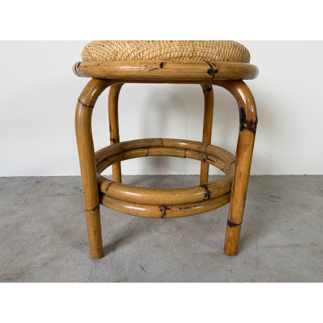 Brown Vintage Coastal Bamboo & Woven Wicker Round Ottoman For Sale - Image 8 of 12
