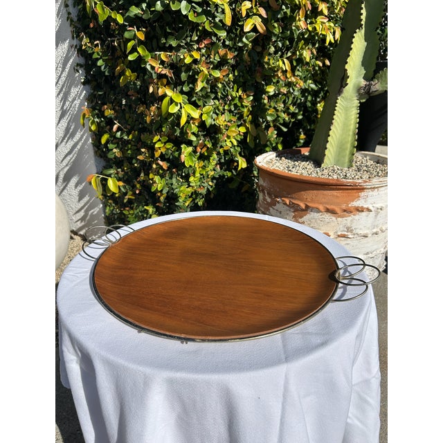 Vintage Mid-Century Wood Serving Tray With Sculptural Metal Handles For Sale - Image 10 of 14