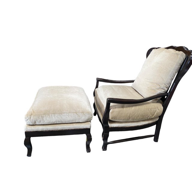 Country French Wood Frame Club Chair & Ottoman with nailheads Rich Mahogany finish. Silk velvet seating Measurements:...