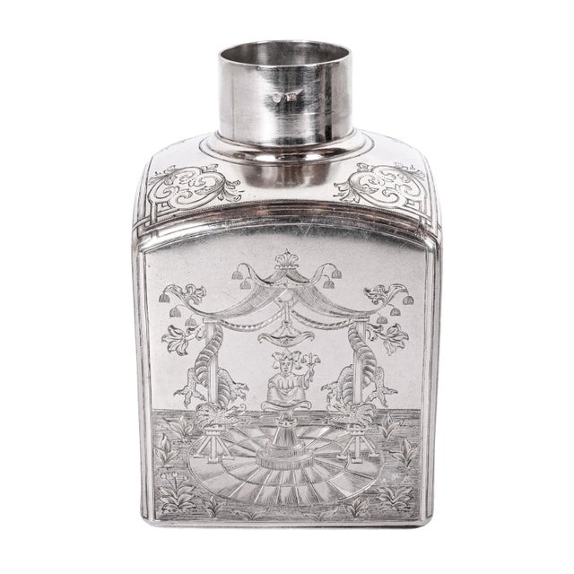 A fine quality antique Russian Imperial silver tea caddy, engraved in the Chinoiserie style, by Gustav Klingert, Moscow,...