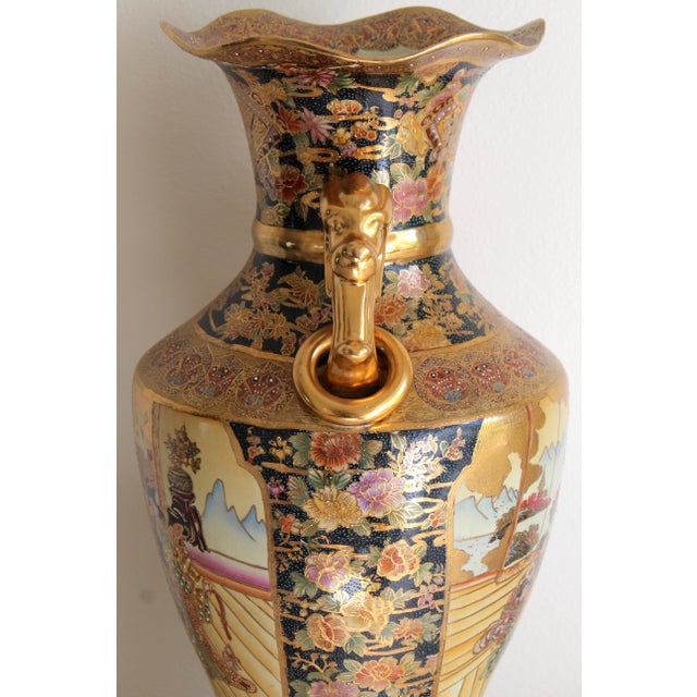 Gold Vintage Royal Satsuma-Style 24" Porcelain Floor Vase – Gold Gilt & Dragon Handles For Sale - Image 8 of 18