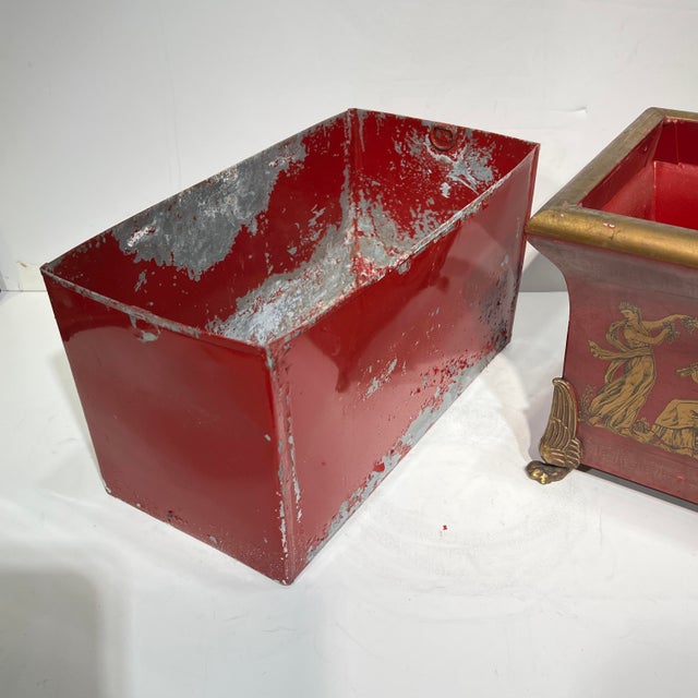 Metal Pair Vintage Greek / Roman Neoclassical Red Painted Tole and Bronze Jardinieres For Sale - Image 7 of 12