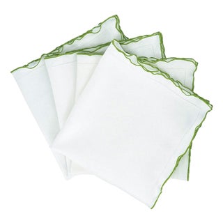Linen Napkins With Green Ruffled Hemstitch Edges, Set of 4 For Sale