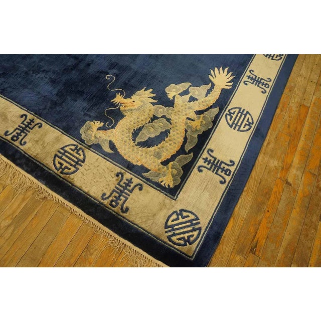 1980s 1980s Navy Open Field Vintage Chinese Silk Dragon & Phoenix Carpet Knotted Rug For Sale - Image 5 of 12