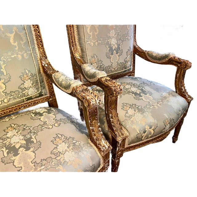 Late 18th Century Late 18th Century Pair of Louis XVI Style Giltwood Fauteuil Armchairs With Silk Upholstery For Sale - Image 5 of 6