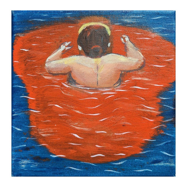 Blue and red toned painting by contemporary Houston based artist Moisés Villafuerte. The work features a woman surrounded...