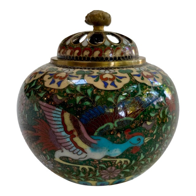 Japanese Cloisonné Goldstone Censor, Koro-Meiji–Taishō Period-Phoenix Motif-Antique For Sale