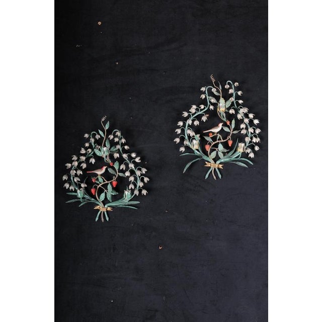 Pair (2) Antique Painted Wrought Iron Wall Candle Holders with Lily of the Valley and Birds, 20th Century Country Style...