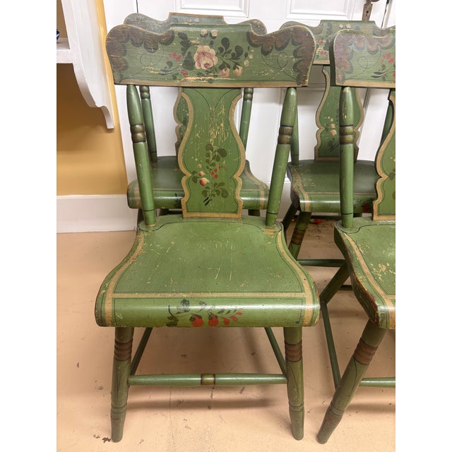 6 grass green chairs with pink/red/green floral detailing Original distressed paint 19th century Hitchcock style chairs...