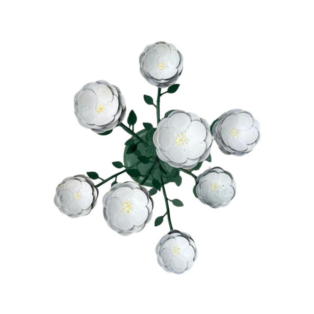 Hand-Painted, Metal Flower Sculpture With White Blossoms on Round Stand For Sale - Image 4 of 7