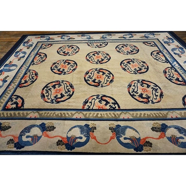 1920s Ivory and Blue Dragon Roundels Antique Chinese Baotou Room Size Rug For Sale - Image 4 of 10