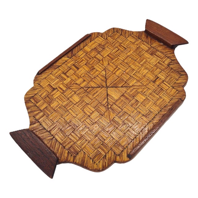 Mid-20th Century Wooden Tray with Geometric Inlay and Handles, 1950s For Sale