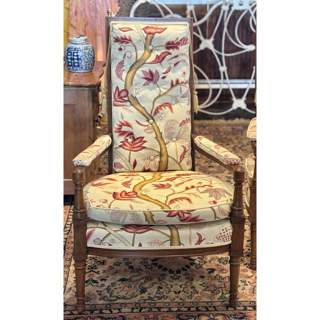 Pair of Mid Century Regency Style Wood Frame Armchairs With Waverly Style Upholstery Fabric and Brass Finial and Tassel Accents For Sale - Image 13 of 14