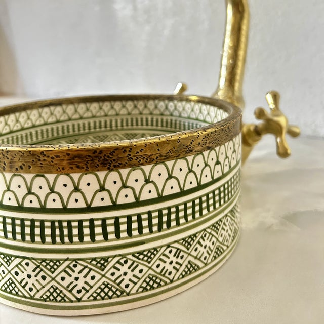 Metal Small Green Sink for Bathroom, Rustic Ceramic Basin, Round Washbasin With Brass Drain For Sale - Image 7 of 8
