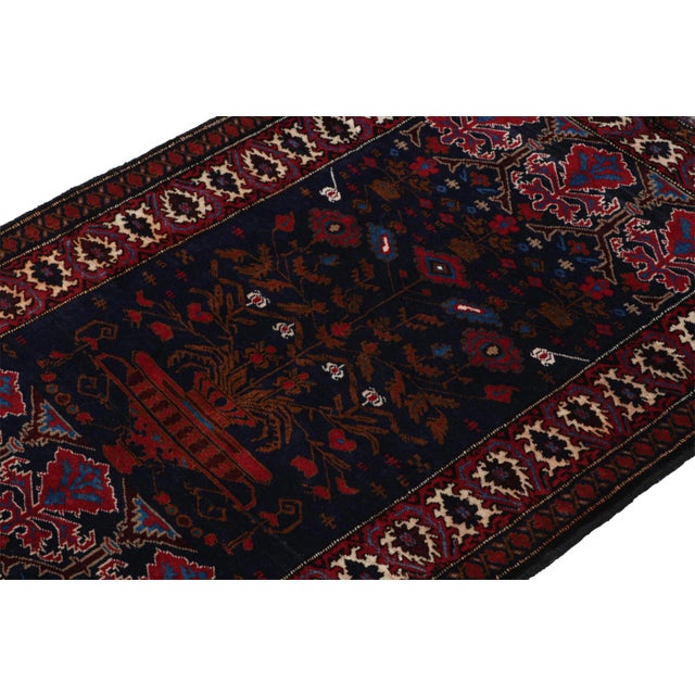 Rug & Kilim Rug & Kilim’s Baluch Tribal Rug in Navy Blue and Red With Brown Floral Pictorial For Sale - Image 4 of 7