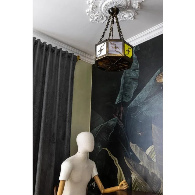 Mid-Century Octagonal Patinated Metal and Art Glass Pendant Light, Germany For Sale - Image 3 of 18