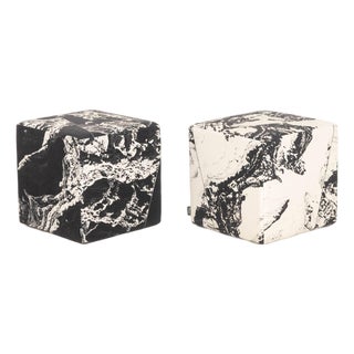Pair of Unison Black Marble Upholstered Cube Ottomans For Sale