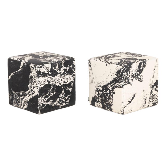 Pair of Unison Black Marble Upholstered Cube Ottomans For Sale