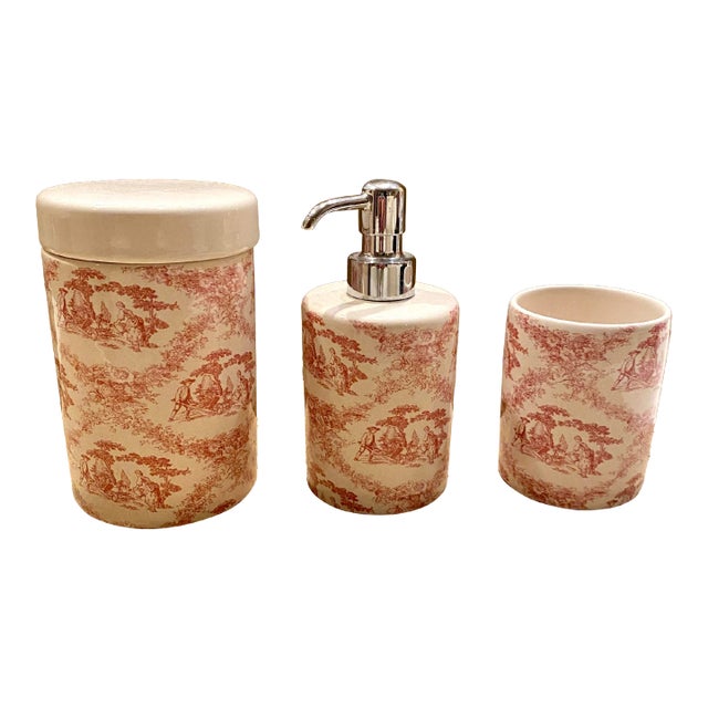 Vintage Labrazel 3 Piece Toile Bath Set in Red Toile, Made in Italy, Includes Cup, Soap Dispenser and Cotton Jar For Sale