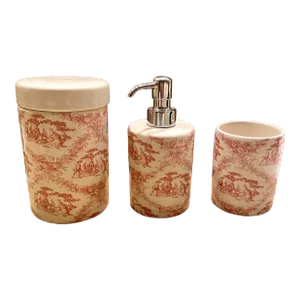 Vintage Labrazel 3 Piece Toile Bath Set in Red Toile, Made in Italy, Includes Cup, Soap Dispenser and Cotton Jar