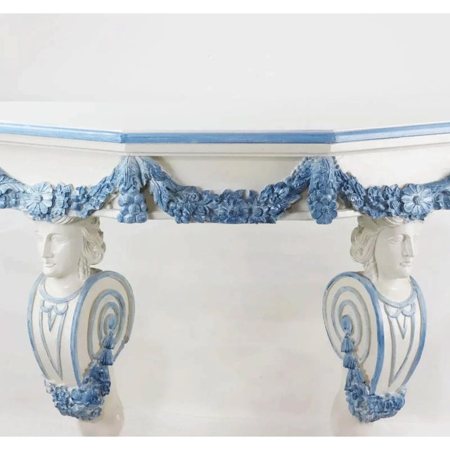 A Pair of Vintage Blue and White Rococo Style Side Tables/Console Tables For Sale - Image 4 of 9