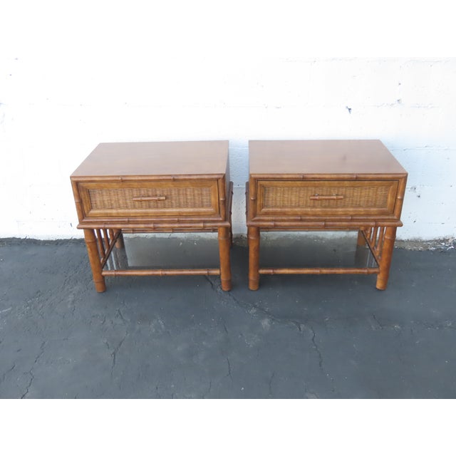 This Pair of Nightstands is made of wood, solid wood, bamboo, wicker, glass and veneer. They are stamped, that they were...