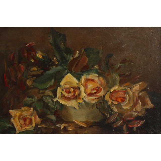 France / 1940 / Painting / wood, canvas / Mid-century / Vintage An oil painting featuring a vibrant bouquet of roses and...