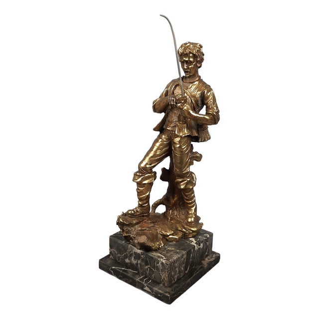 Fisherman Sculpture in Gilt Agglomerate on Marble Base, 1960s For Sale