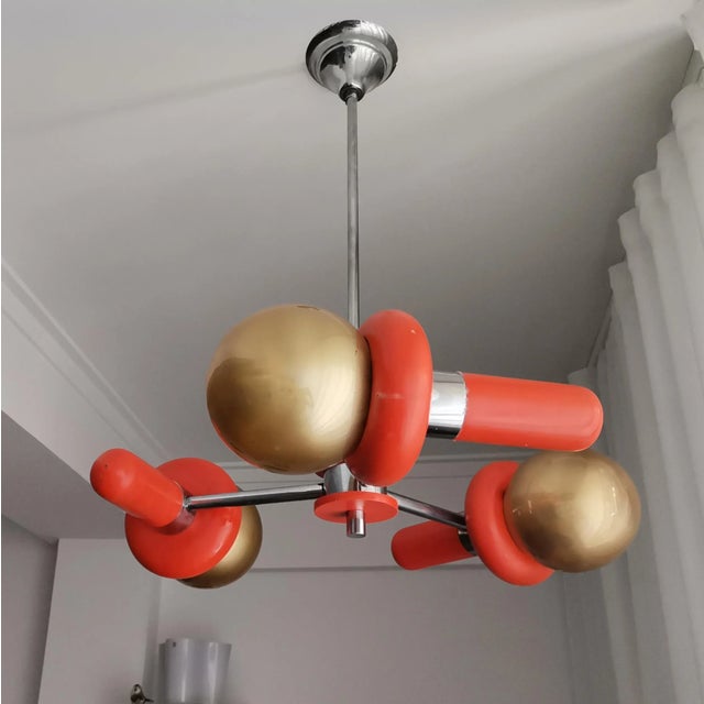 Mid-Century Space Age Orange Wood and Glass Sputnik Chandelier, 1960s For Sale - Image 11 of 11