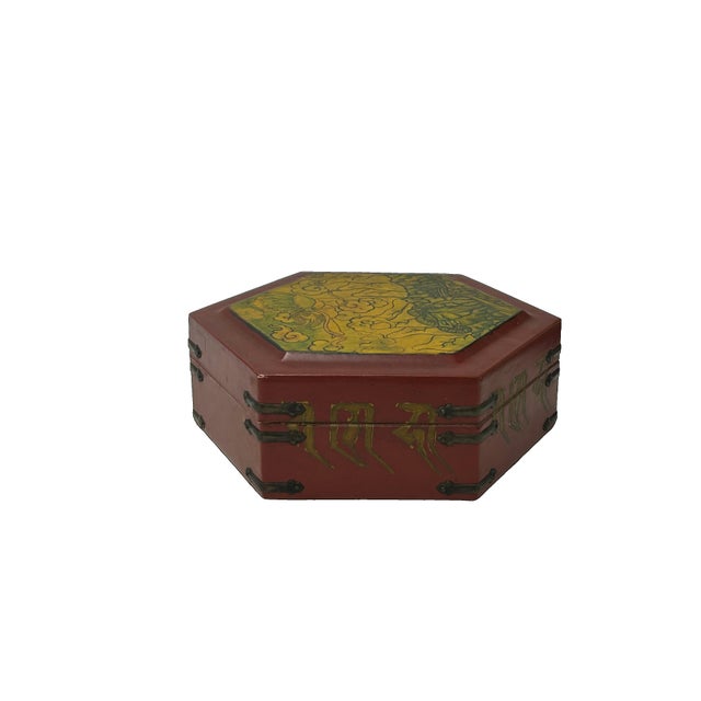Asian Oriental Hexagonal Red Color Mythical Figure Drawing Accent Box For Sale - Image 3 of 7