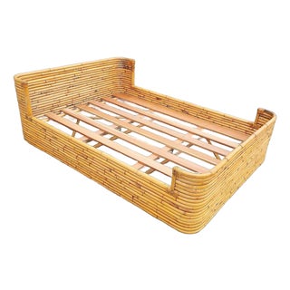 Mid-Century Full Size Stacked Rattan Bed Frame With Wicker Wrappings by Seven Seas For Sale