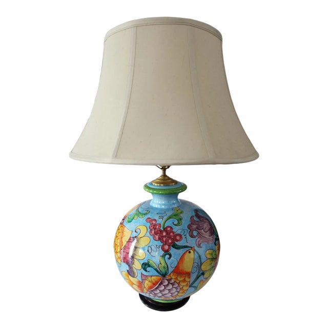 Table Lamp - Glazed Painted Stoneware With Bird and Foliate Motif For Sale