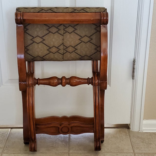 Wood Late 20th Century Curule Style Carved Wood Stool Collapsible X Base Fabric Seat For Sale - Image 7 of 10