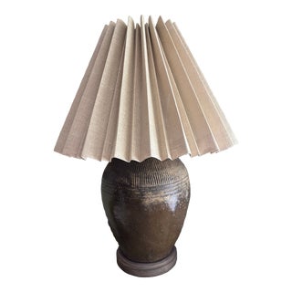 Large 1970s Pottery Lamp With Raffia Shade For Sale