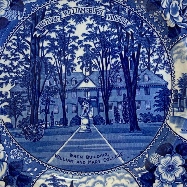 Lovely blue and white Staffordshire dinner plates by Adams Potteries of historic Williamsburg. The plate features the Wren...