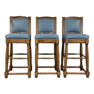 Beautiful Bar Stool Oak Frame Vinyl Seat & Back ~ Set of 3 For Sale