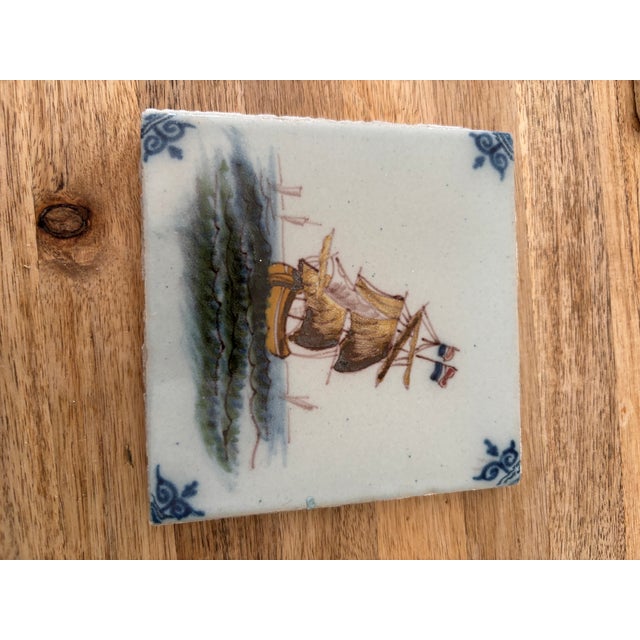 1980s Rescued Vintage 1974 Set of Eight (8) Hand Painted Dutch Delft Polychrome Tiles Sailing Ships For Sale - Image 5 of 9