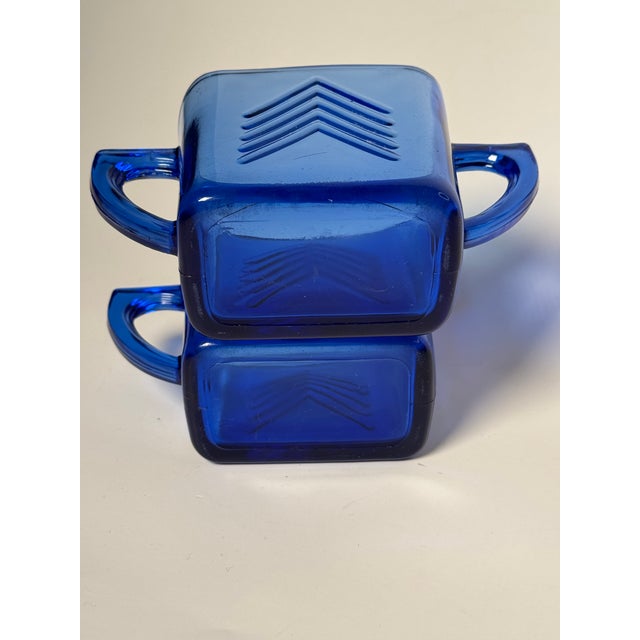 Vintage Art Deco "Chevron" Cobalt Blue Depression Glass Sugar & Creamer Set For Sale - Image 9 of 10