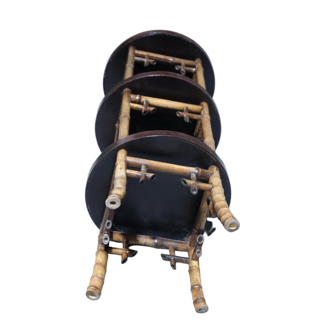 1980s Three Tiered Tall Asian Side Table With Bamboo and Hand Painted Tray Surfaces For Sale - Image 5 of 6