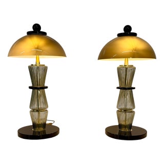 Murano Glass Table Lamps in Smoked Grey and Black Glass and Brass, 2000s, Set of 2 For Sale
