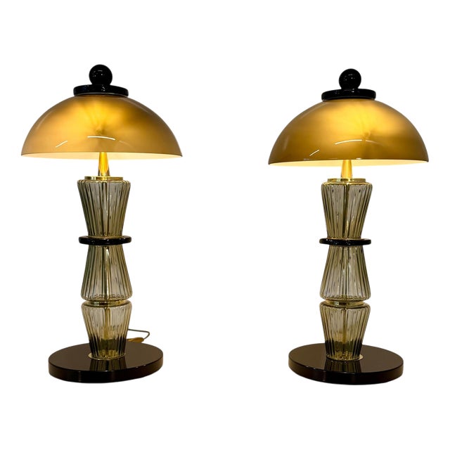 Murano Glass Table Lamps in Smoked Grey and Black Glass and Brass, 2000s, Set of 2 For Sale