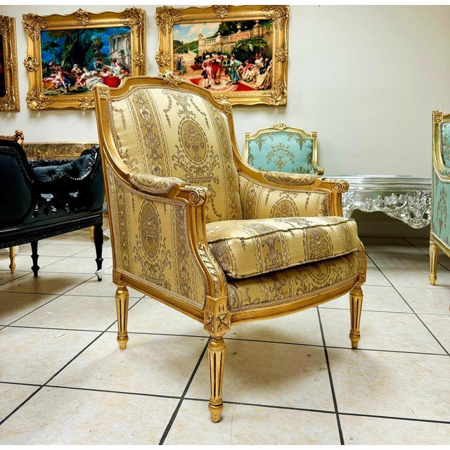 2020s French Style Gold-Tone Bergere Chair For Sale - Image 5 of 7