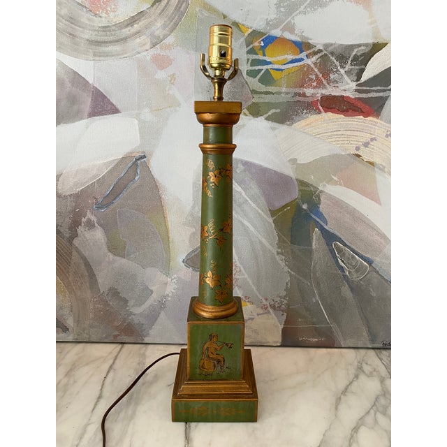 Mid 20th Century Vintage French Toleware Cherub Column Lamp in Olive Green and Gold For Sale - Image 9 of 9