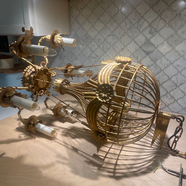 Rare Italian Gilt Iron Hot Air Balloon Chandelier – Sculptural Mid-Century Statement Lighting For Sale - Image 9 of 12