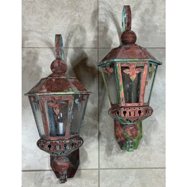 Vintage Brass and Copper Wall Hanging Lanterns - Set of 2 For Sale - Image 9 of 13