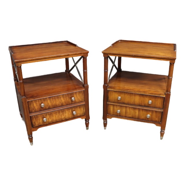 Pair of Ethan Allen Mahogany Bedside Tables With X-Form Supports For Sale